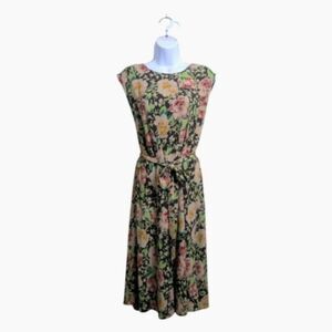 Lauren Ralph Lauren Bubble Crepe Cap Sleeve Dress Tie Waist Brown Pink Floral 14